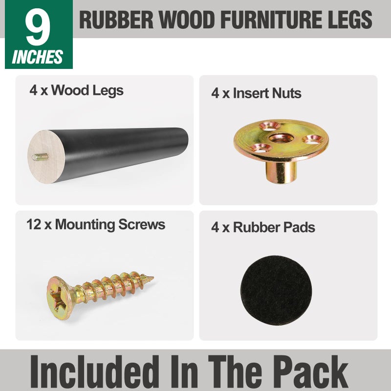 FoDau770 Black Rubber Wood Furniture Legs 9 Inches, Slant Tapered Wood Legs Mid Century Sofa Legs Set of 4, 5/16"" UNC Furniture Feet Replacement Legs for Cabinet Sofa Couch Dresser Chair Ottoman Table - Image 2